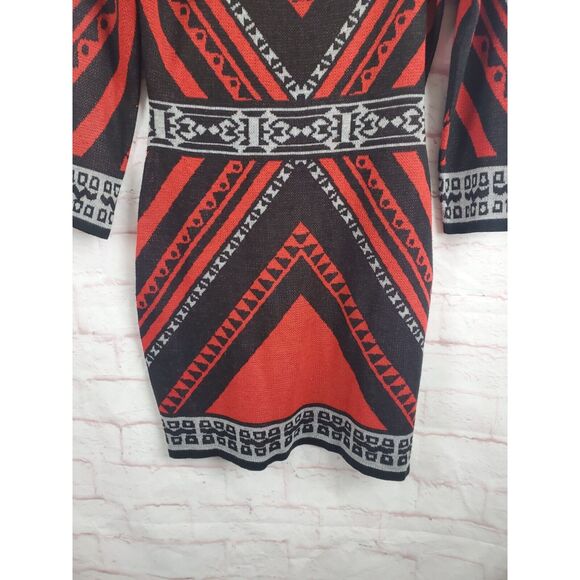 Flying Tomato Dress Medium Womens Long Sleeve Aztec Black Red Knee Length Crew N - Picture 4 of 6